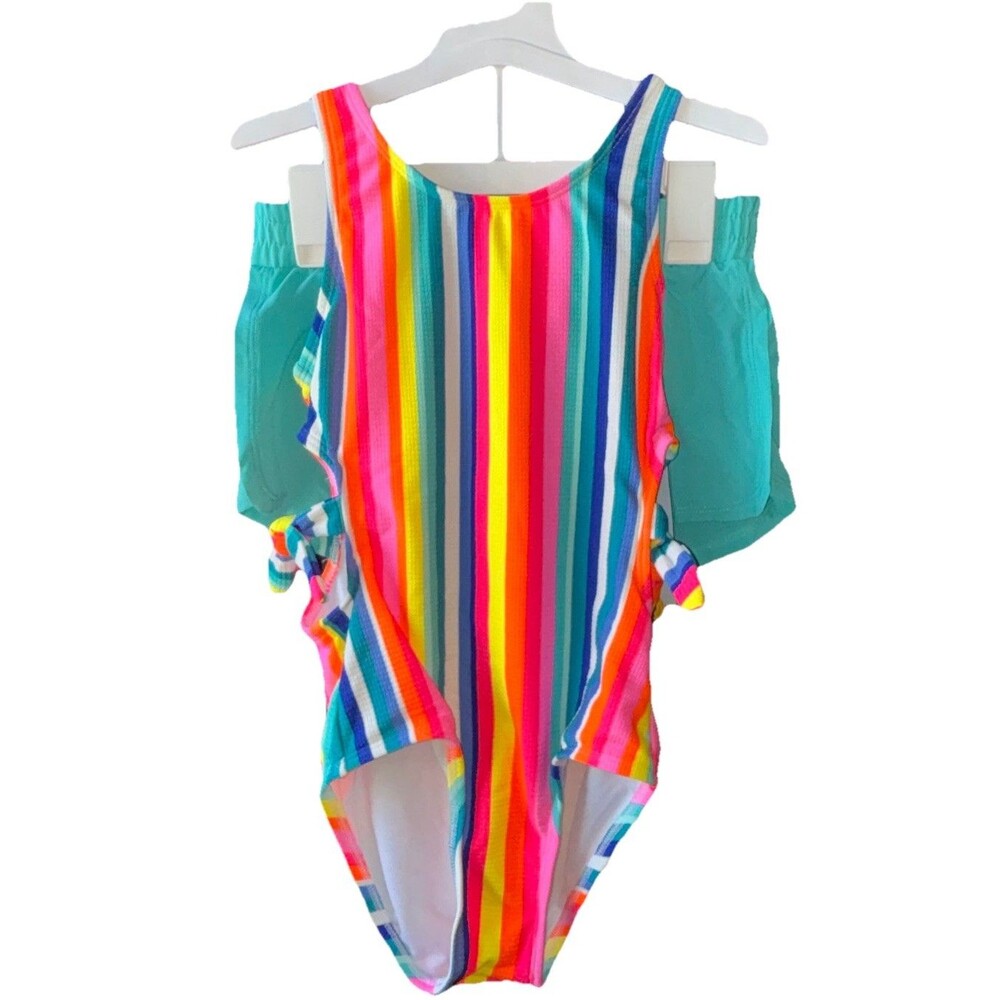 Cat & Jack Girls Rainbow Striped One-Piece Swimsuit Aqua Boy Shorts Swim Set M